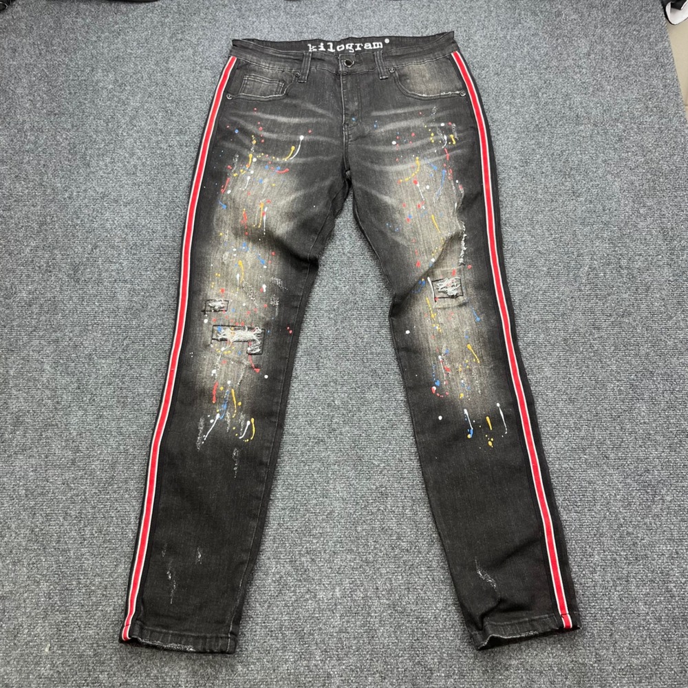 Kilogram Streetwear Paint Splatter Distressed Faded Black Slim Fit Denim Pants